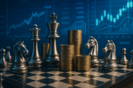 Schaakstukken op een schaakbord met grafieken op de achtergrond, symbool voor commerciële strategie en groei in B2B