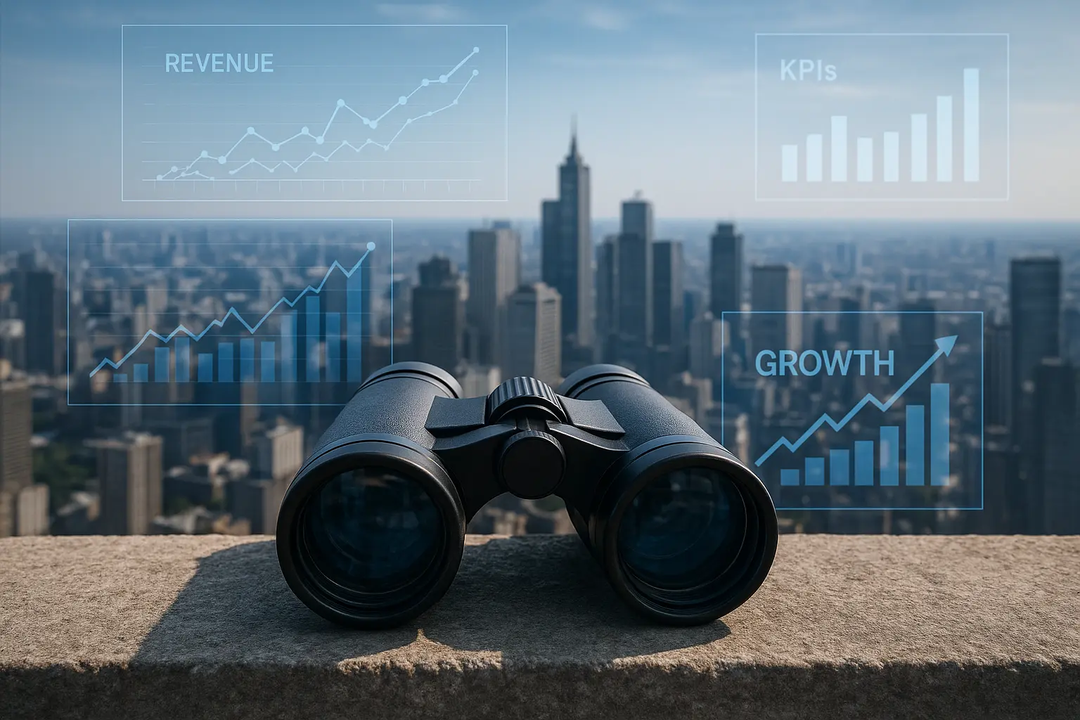 Verrekijker gericht op skyline als symbool voor de Quickscan van Mind & Metrics: scherpstellen op commerciële focus in B2B